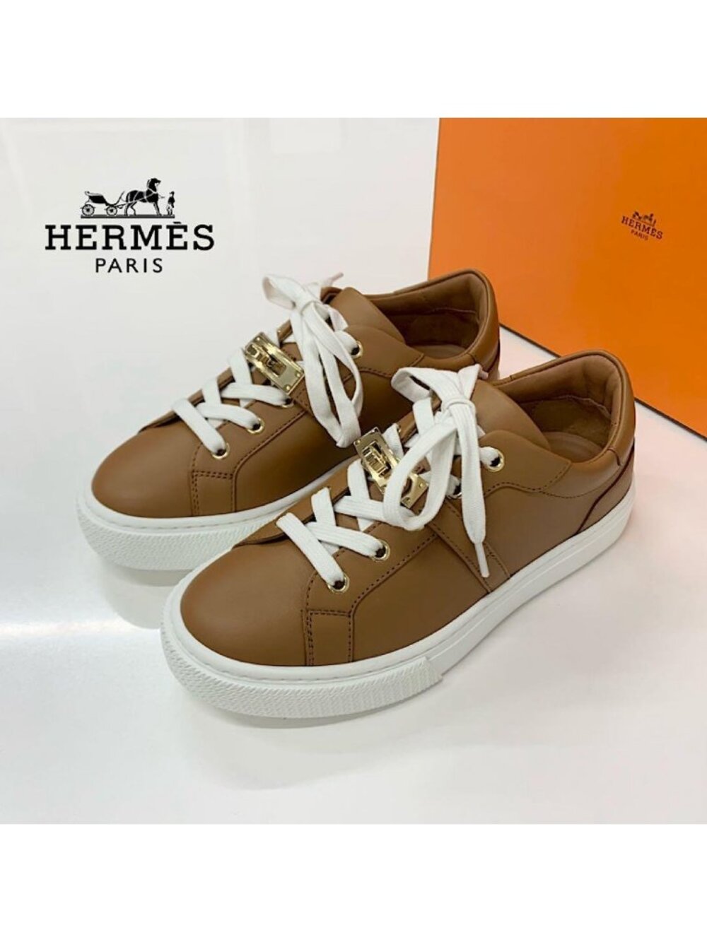 Hermes Day Leather Kelly Sneakers Brown
